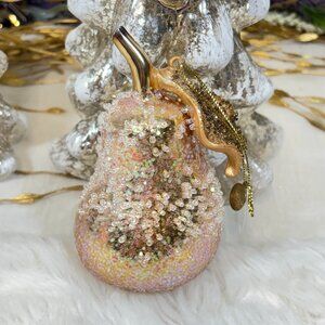 Vintage Gold Blown Glass Beaded Pear Ornament Stunning